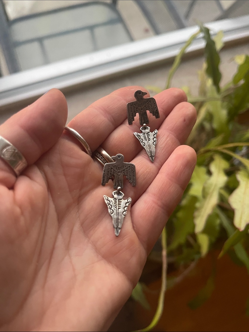Vintage Sterling Silver Navajo Thunderbird and Arrowhead Drop Earrings